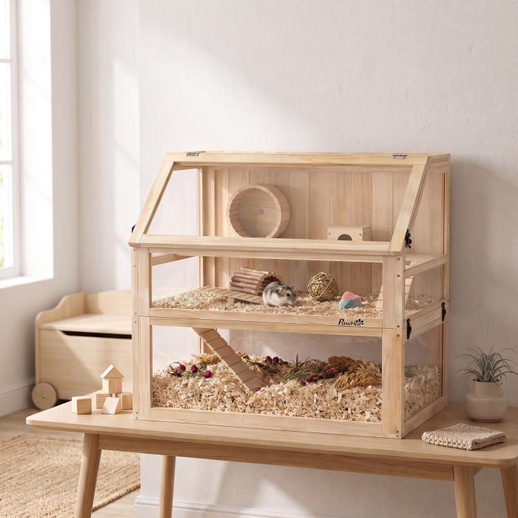 Wooden Hamster Cage with Detachable 31cm Deep Bottom, Hut, Seesaw, Exercise Wheel, Ramp, 80 x 50 x 76cm, Natural