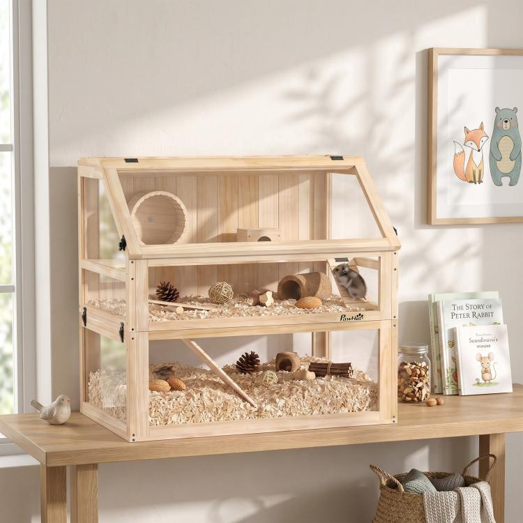 Wooden Hamster Cage with Detachable 31cm Deep Bottom, Hut, Seesaw, Exercise Wheel, Ramp, 80 x 50 x 76cm, Natural