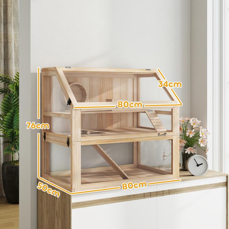 Wooden Hamster Cage with Detachable 31cm Deep Bottom, Hut, Seesaw, Exercise Wheel, Ramp, 80 x 50 x 76cm, Natural