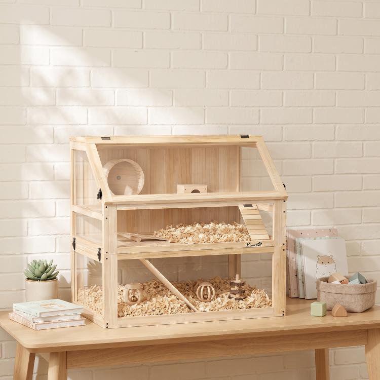 Wooden Hamster Cage with Detachable 31cm Deep Bottom, Hut, Seesaw, Exercise Wheel, Ramp, 80 x 50 x 76cm, Natural