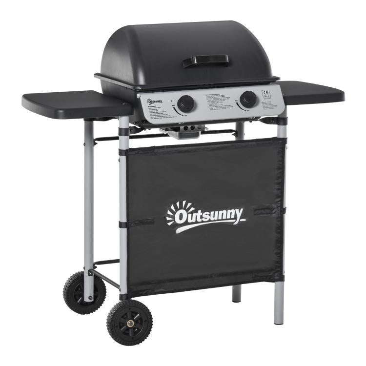 2 Burner Gas BBQ Trolley with Lid, 5.6 kW Gas Barbecue Grill with Wheels, Side Shelves, Black