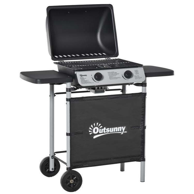 2 Burner Gas BBQ Trolley with Lid, 5.6 kW Gas Barbecue Grill with Wheels, Side Shelves, Black