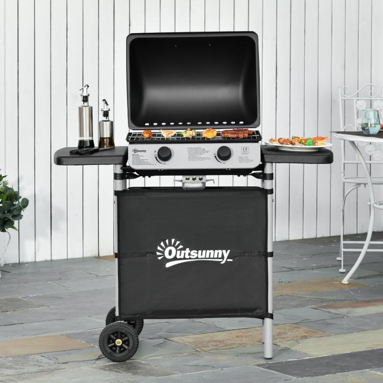2 Burner Gas BBQ Trolley with Lid, 5.6 kW Gas Barbecue Grill with Wheels, Side Shelves, Black