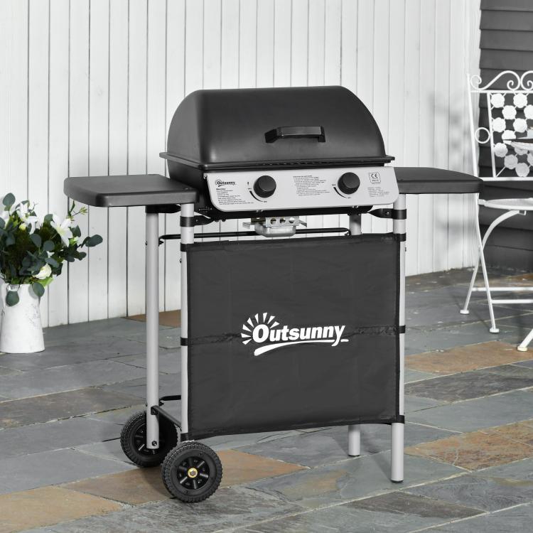2 Burner Gas BBQ Trolley with Lid, 5.6 kW Gas Barbecue Grill with Wheels, Side Shelves, Black