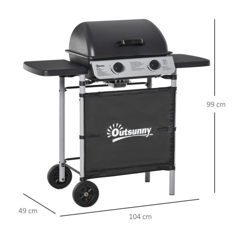 2 Burner Gas BBQ Trolley with Lid, 5.6 kW Gas Barbecue Grill with Wheels, Side Shelves, Black