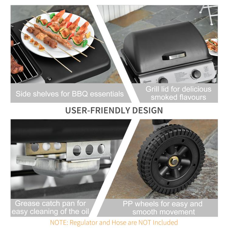 2 Burner Gas BBQ Trolley with Lid, 5.6 kW Gas Barbecue Grill with Wheels, Side Shelves, Black