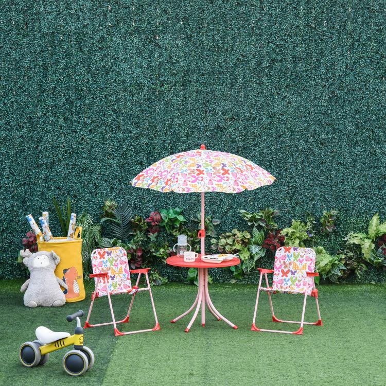 Kids Outdoor Bistro Table and Chair Set Butterfly Pattern Garden Patio Backyard with Removable & Height Adjustable Parasol