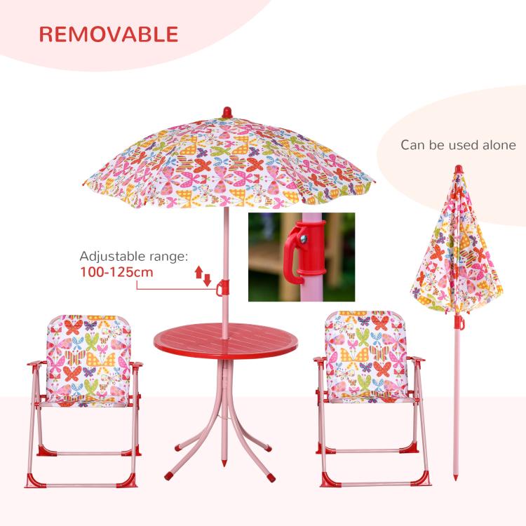 Kids Outdoor Bistro Table and Chair Set Butterfly Pattern Garden Patio Backyard with Removable & Height Adjustable Parasol