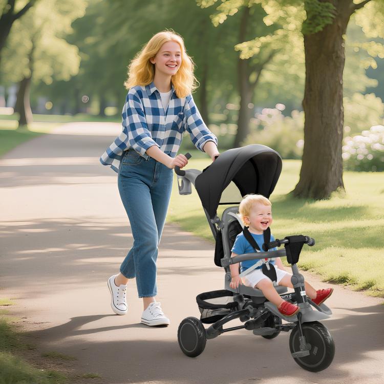 6 in 1 Foldable Kids Trike with Adjustable Parent Handle & Canopy for Ages 1-5, Black