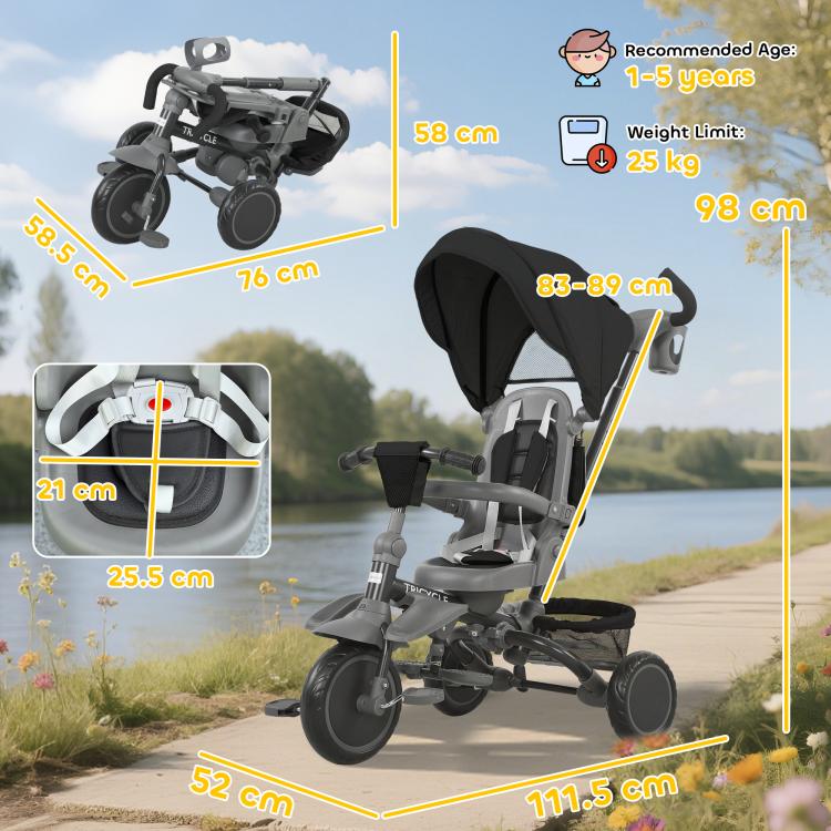 6 in 1 Foldable Kids Trike with Adjustable Parent Handle & Canopy for Ages 1-5, Black
