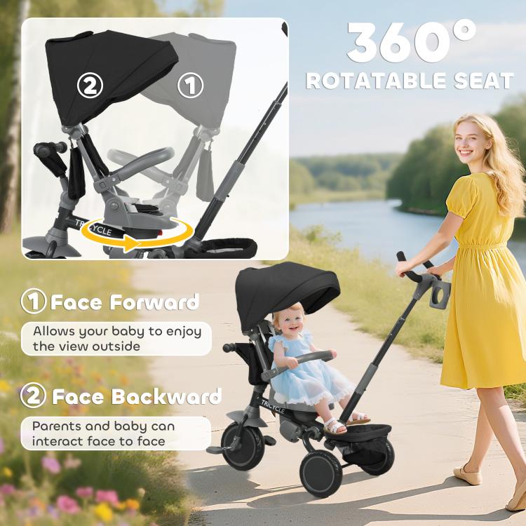 6 in 1 Foldable Kids Trike with Adjustable Parent Handle & Canopy for Ages 1-5, Black