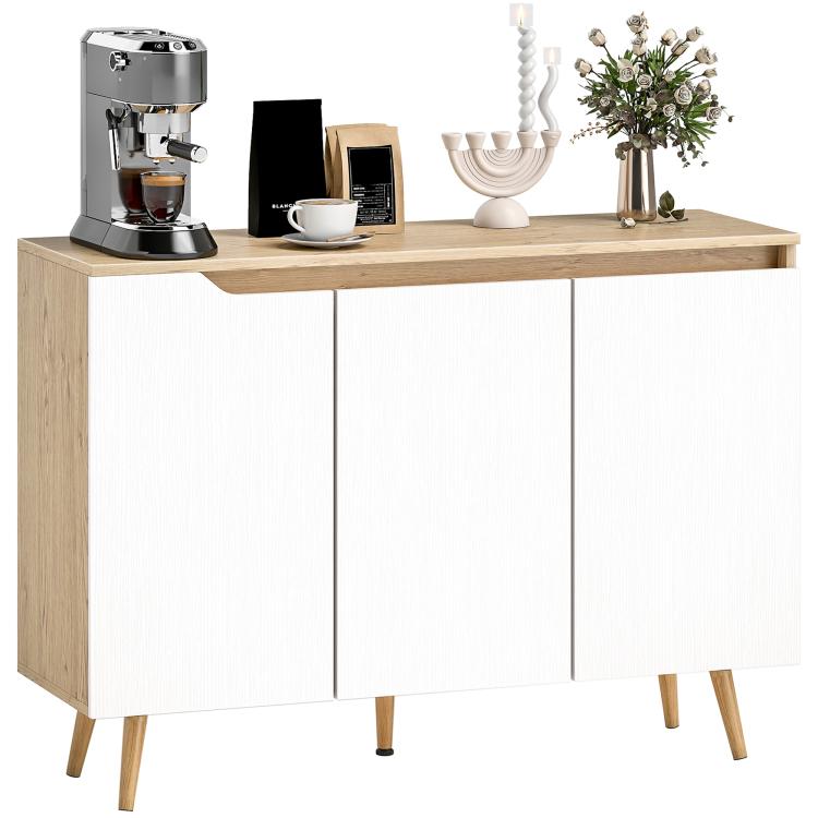 Sideboard Storage Cabinet, Kitchen Cupboard with 3 Doors, 2 Adjustable Shelves and 5 Rubberwood Legs, White and Oak