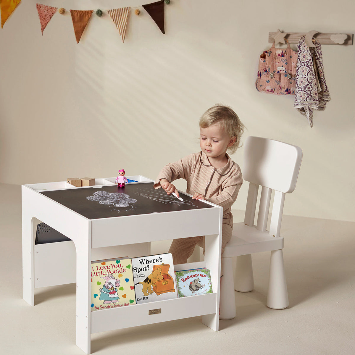 Kids Wooden Activity Table with Storage, Baseplate and Blackboard