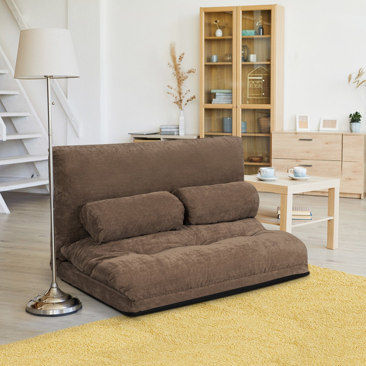 Convertible Floor Sofa Bed with 2 Waist Pillows-Beige