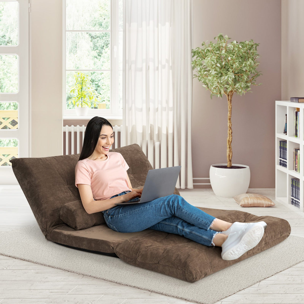 Convertible Floor Sofa Bed with 2 Waist Pillows-Beige