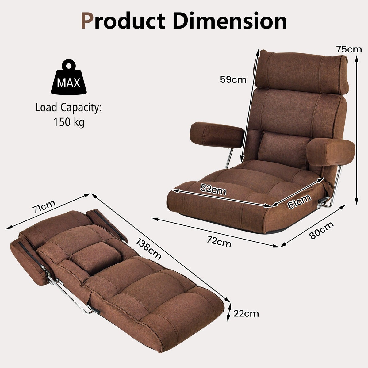 Ergonomic Sofa Lounger Chair with Stepless Adjustment Back-Blue