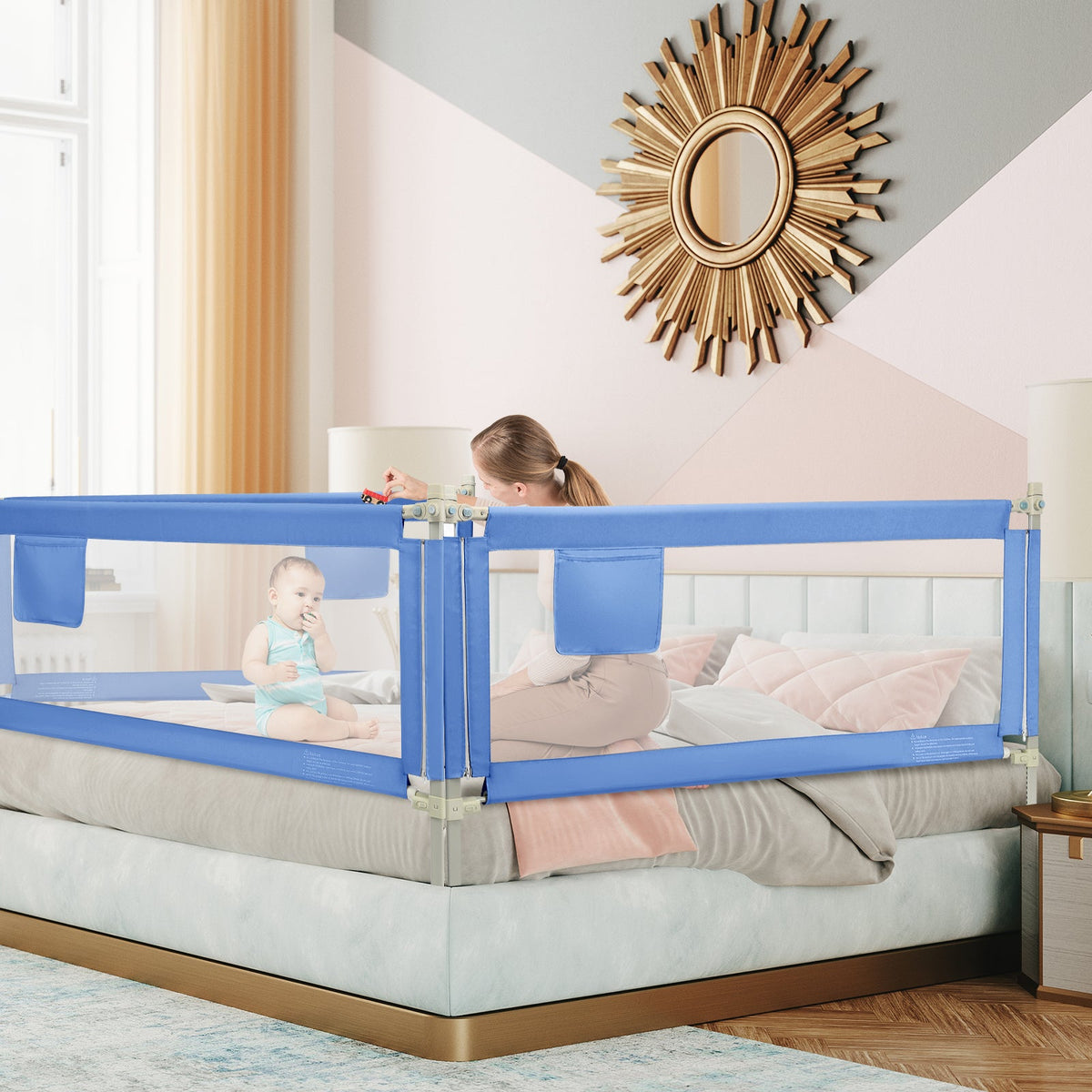 175 cm Infant Safety Bed Guardrail with Anti-Collision Cotton and Side Pocket-Blue