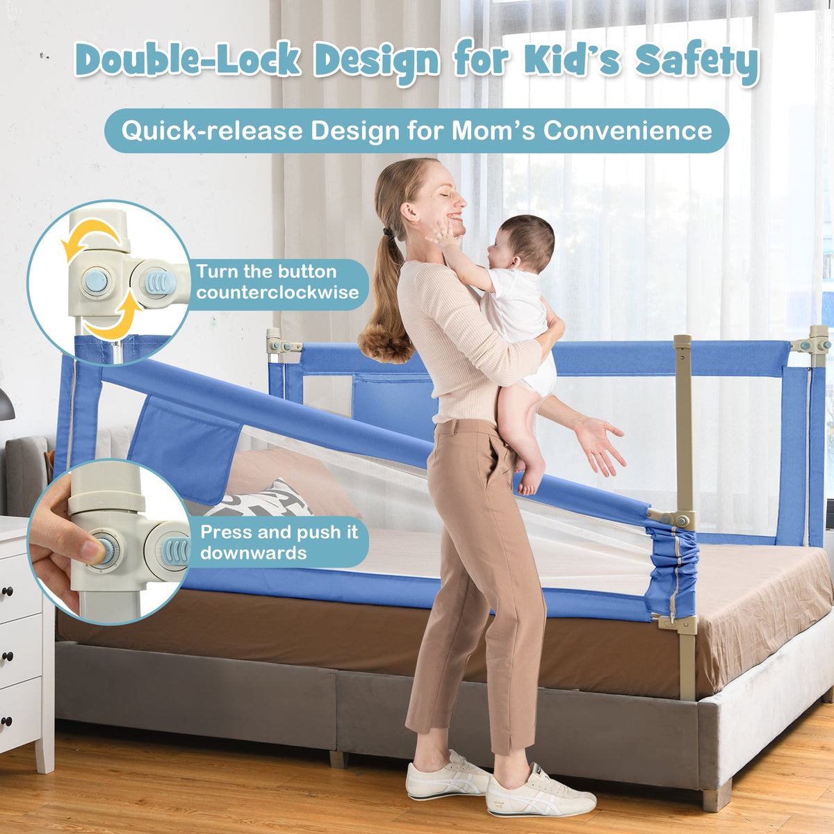 175 cm Infant Safety Bed Guardrail with Anti-Collision Cotton and Side Pocket-Blue