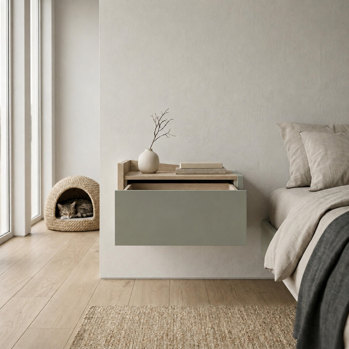 Diago Floating Bedside Table with Drawer and Top Shelf - Left