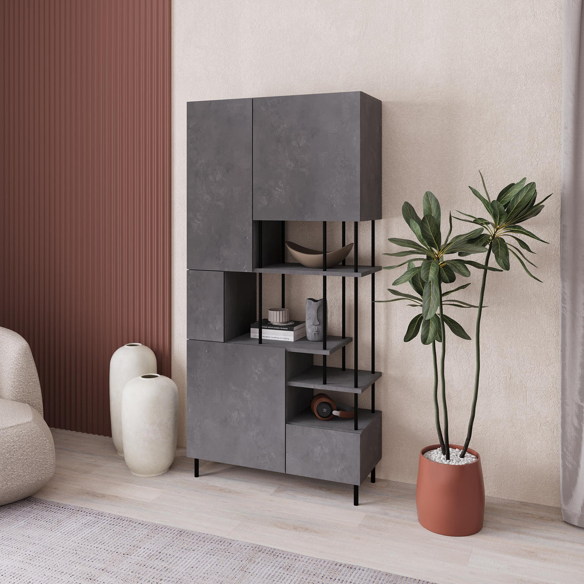 Key Bookcase – Modern 5 Door Storage Cabinet with Shelves