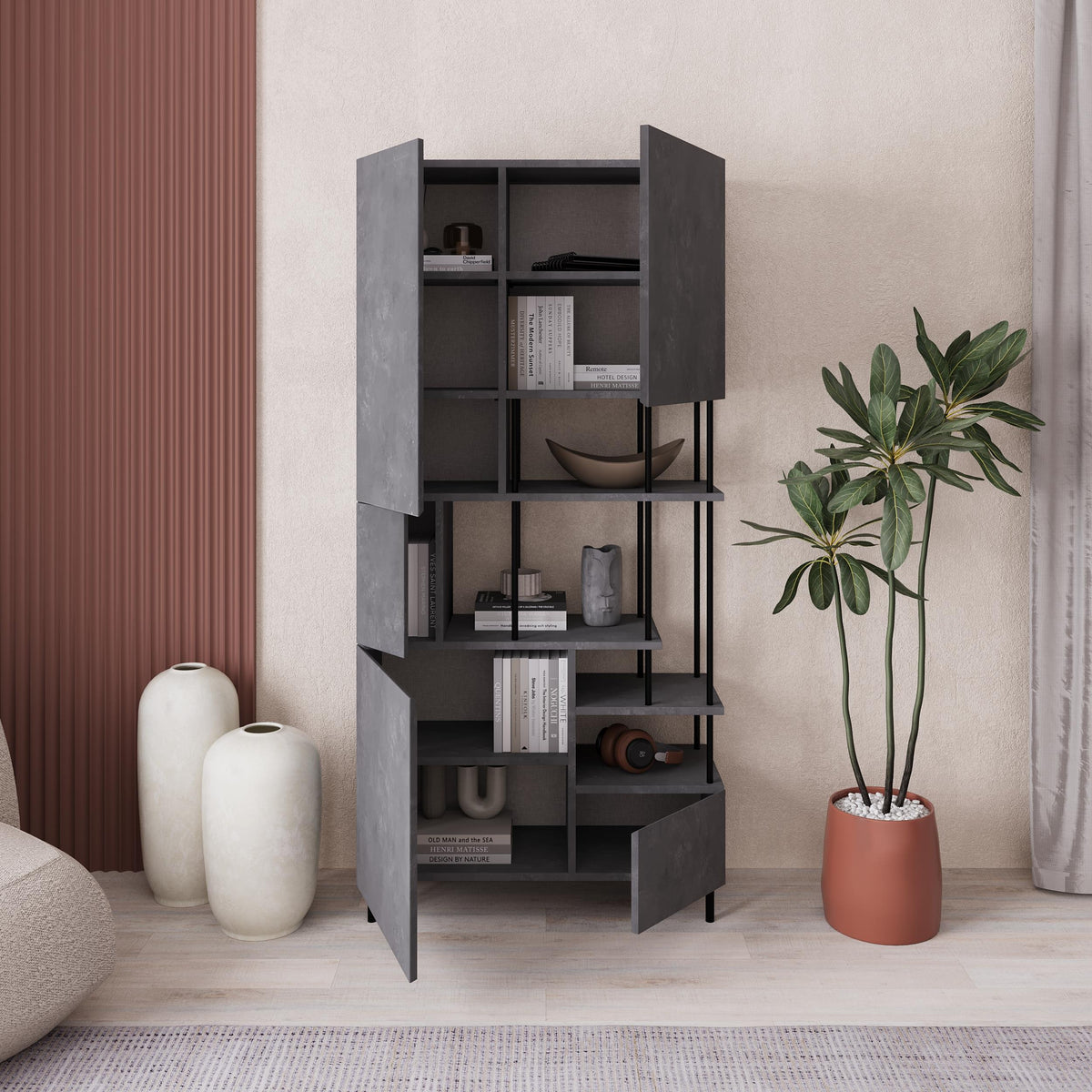Key Bookcase – Modern 5 Door Storage Cabinet with Shelves