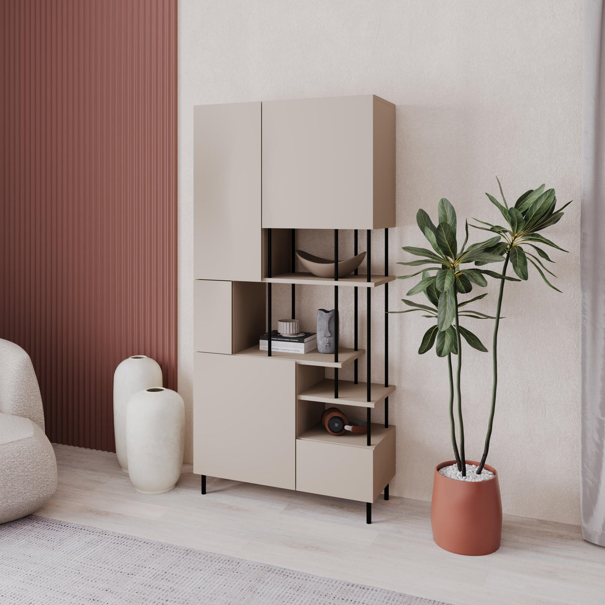 Key Bookcase – Modern 5 Door Storage Cabinet with Shelves