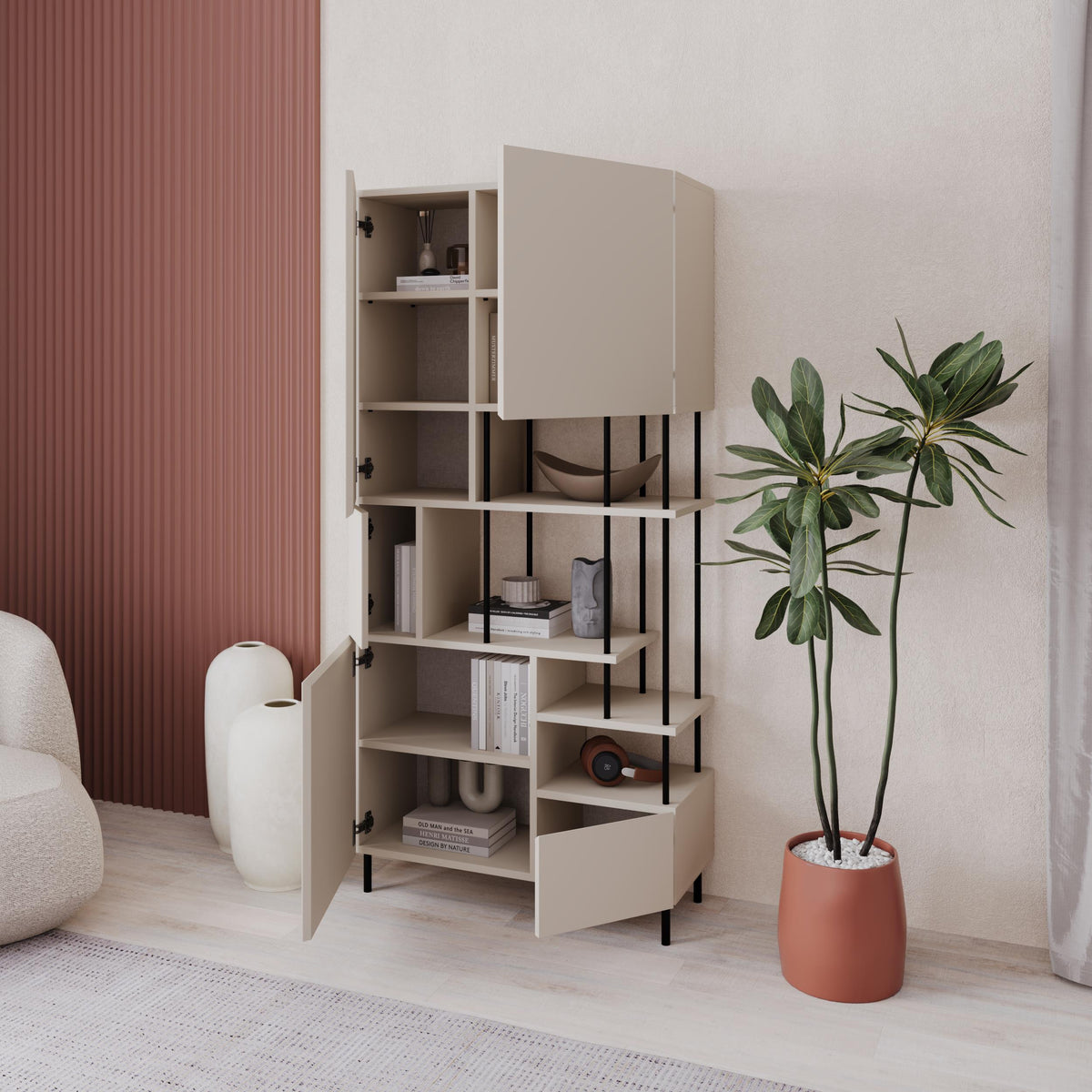 Key Bookcase – Modern 5 Door Storage Cabinet with Shelves