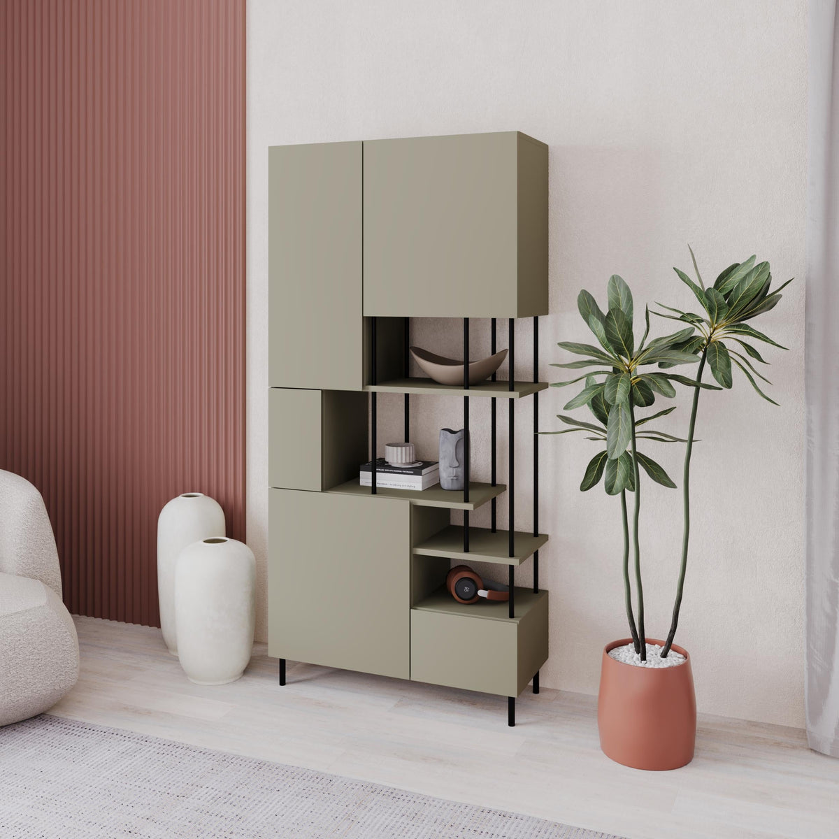 Key Bookcase – Modern 5 Door Storage Cabinet with Shelves