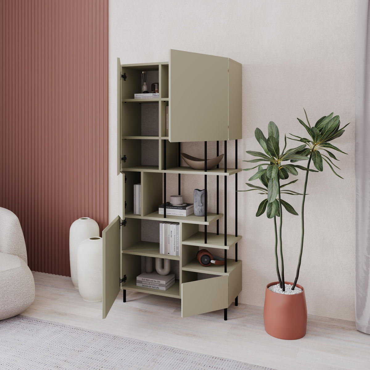 Key Bookcase – Modern 5 Door Storage Cabinet with Shelves