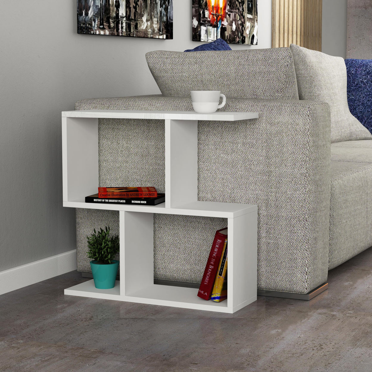 Homemania Modern Side Table with 4 Open Shelves