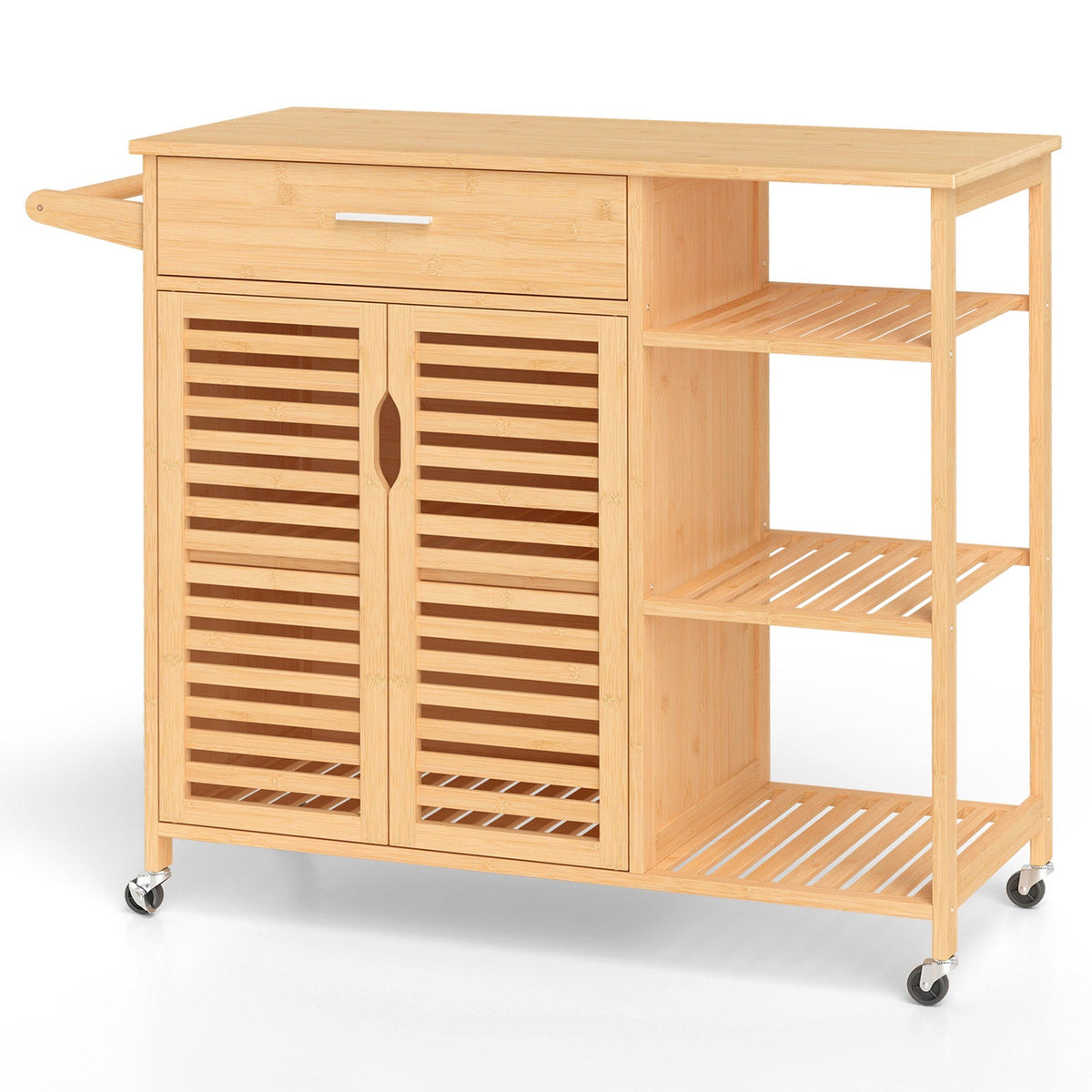 Bamboo Kitchen Island Cart Rolling Storage Sideboard with Towel Bar-Natural