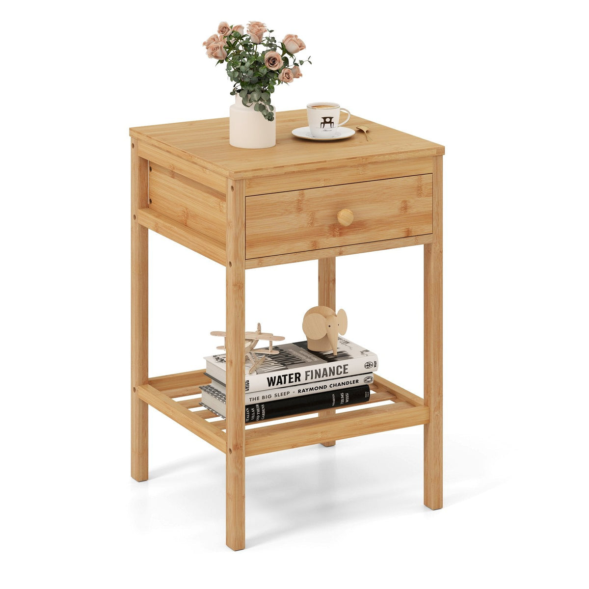 Bamboo Nightstand Bedside Table with Drawer and Open Storage Shelf-Natural