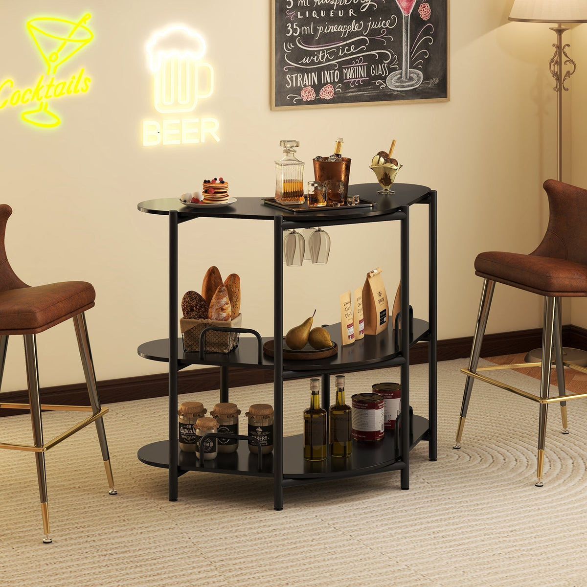 3-Tier Home Bar Unit with Stemware Racks and Storage Shelves-Rustic Brown