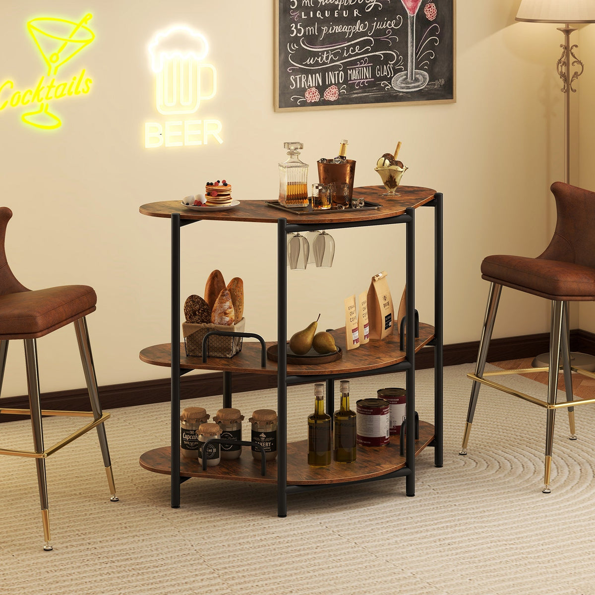 3-Tier Home Bar Unit with Stemware Racks and Storage Shelves-Rustic Brown