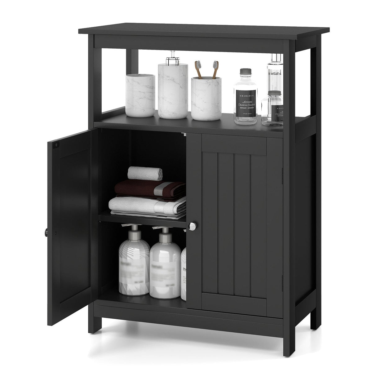 Bathroom Floor Cabinet with Open Shelf and Adjustable Shelf-Black