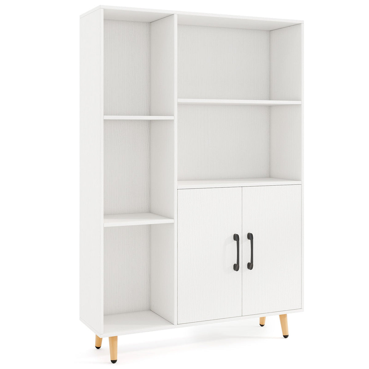 Bookcase with 5 Open Compartments and Double Doors Storage Cabinet-White