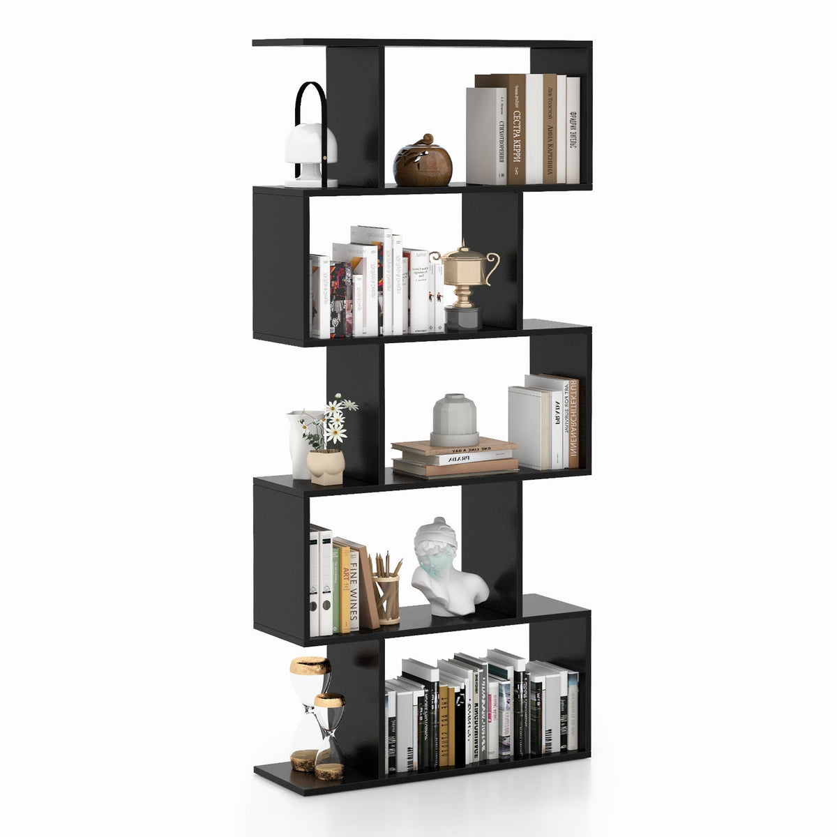 Geometric S-Shaped Bookcase with Anti-Toppling Device for Living Room Home Office-White