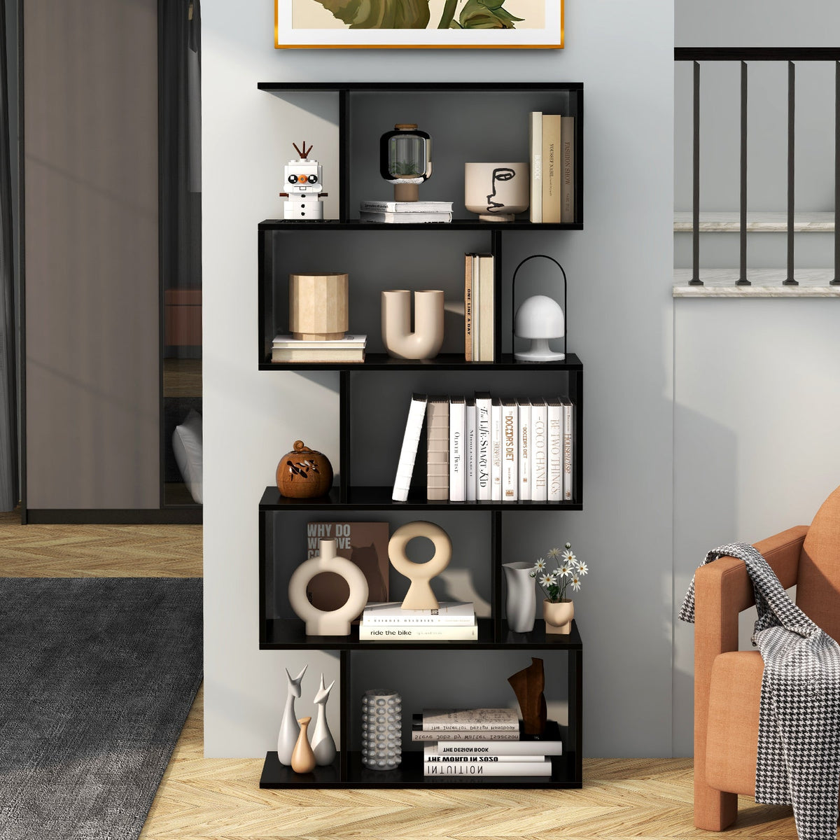 Geometric S-Shaped Bookcase with Anti-Toppling Device for Living Room Home Office-White