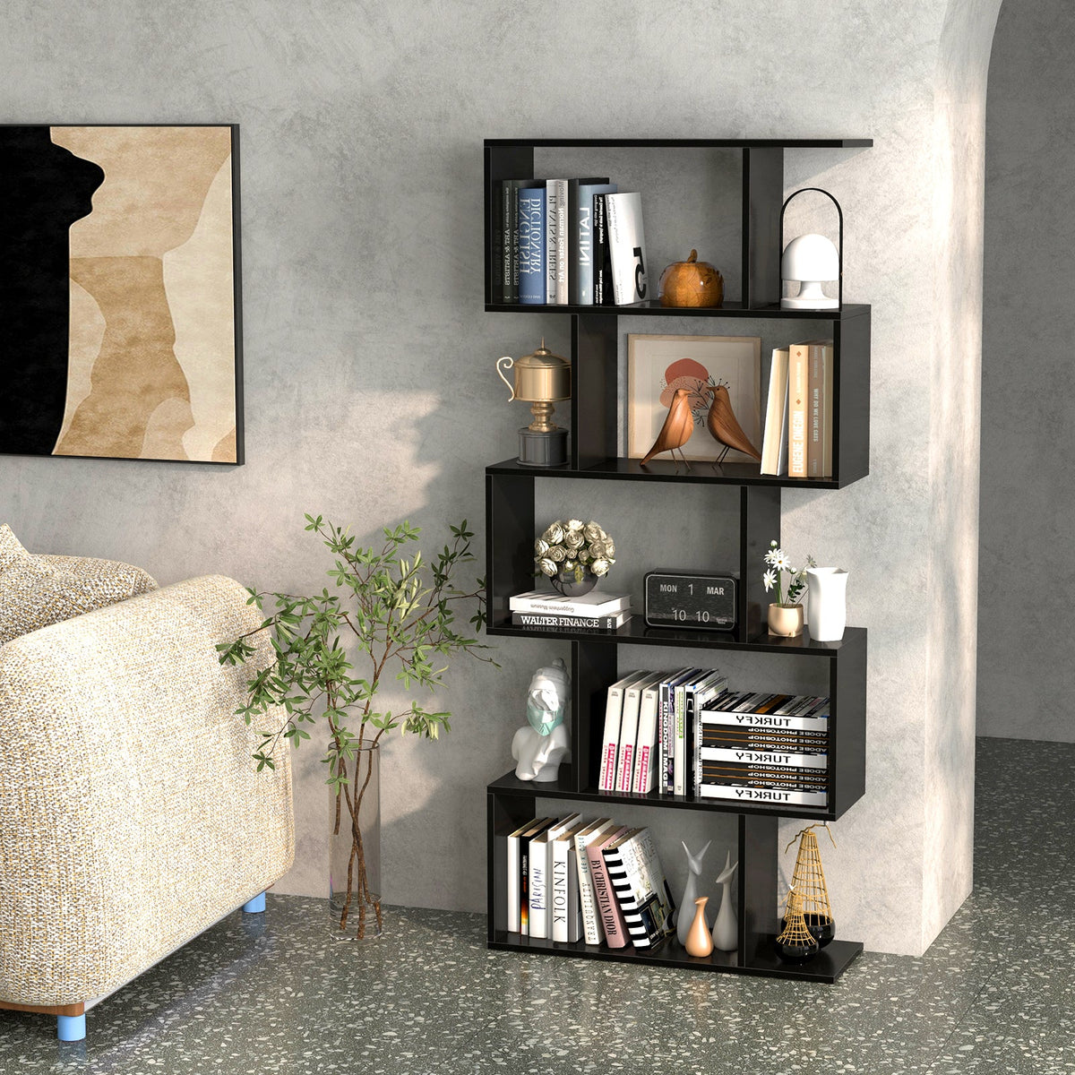 Geometric S-Shaped Bookcase with Anti-Toppling Device for Living Room Home Office-White