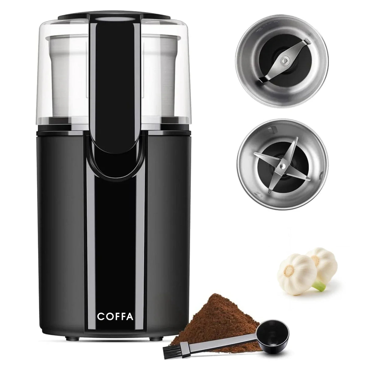 Electric Coffee Grinder 200W 70g with 2 Stainless Steel Bowls Wet & Dry COFFA