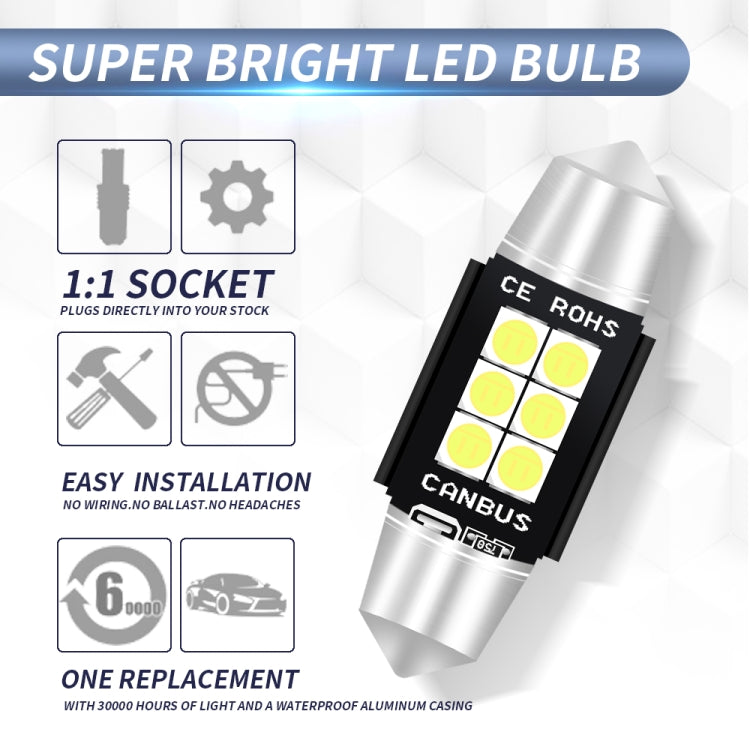 2 PCS 36mm DC12V-24V 3W 6000K 660LM 6LEDs SMD-3030 Car Reading Lamp / License Plate Light, 36mm (3W)