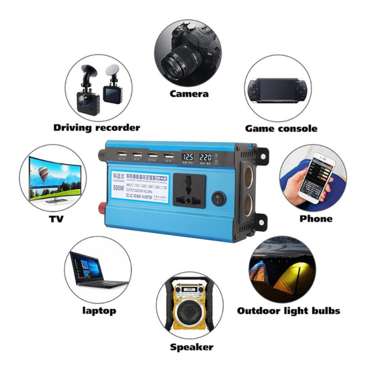 Carmaer 12V to 220V 500W Double Cigarette Lighter Car Double Digital Display Inverter Household Power Converter, 12V to 220V 500W