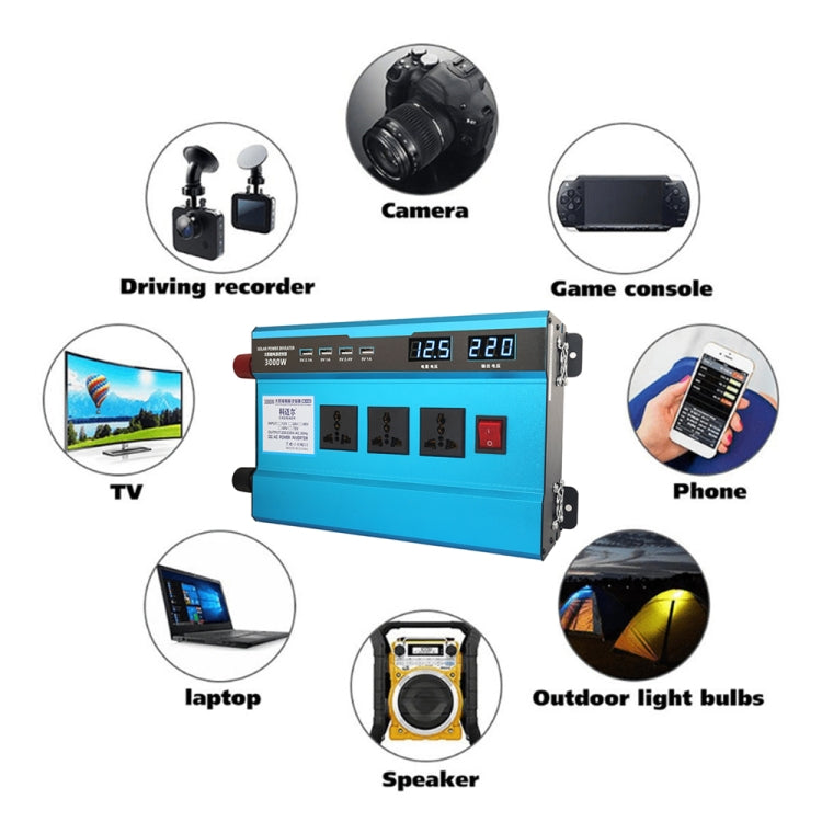 Carmaer 12V to 220V 3000W Intelligent Fan Car Double Digital Display Inverter Household Power Converter, 12V to 220V 3000W