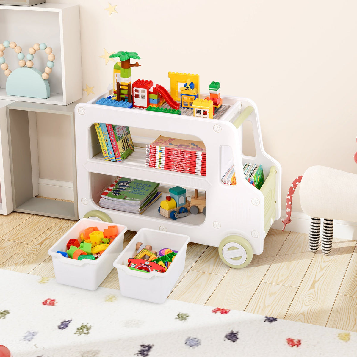 2 in 1 Car Shaped Toy Cabinet with Safe HDPE Frame and 2 Storage Baskets-White
