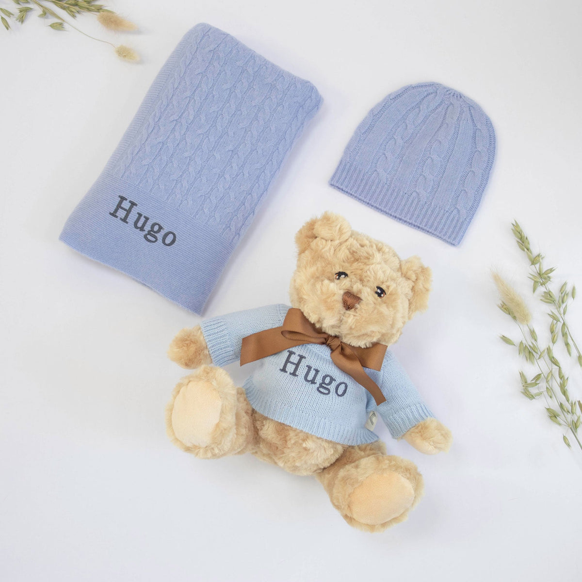 PERSONALISED CASHMERE BLANKET AND TEDDY GIFT SET - CORNFLOWER BLUE