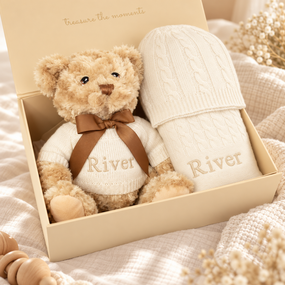 PERSONALISED CASHMERE BABY BLANKET AND TEDDY GIFT SET - IVORY