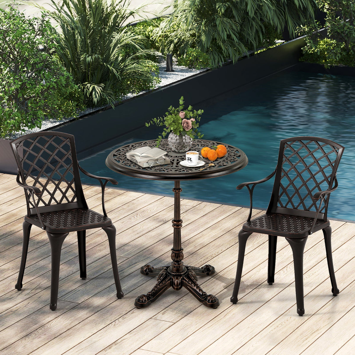 68CM Round Cast Aluminum Patio Bistro Table with Hollow Top-Copper