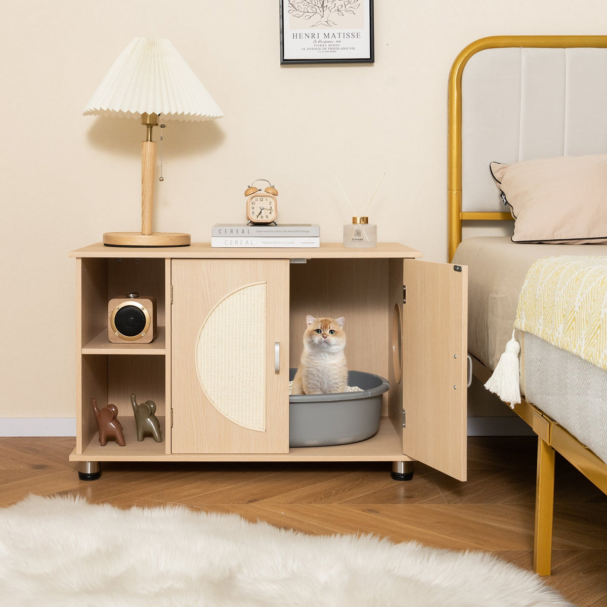 Cat Litter Box Enclosure with Sisal Scratching Doors and Adjustable Metal Feet-Natural