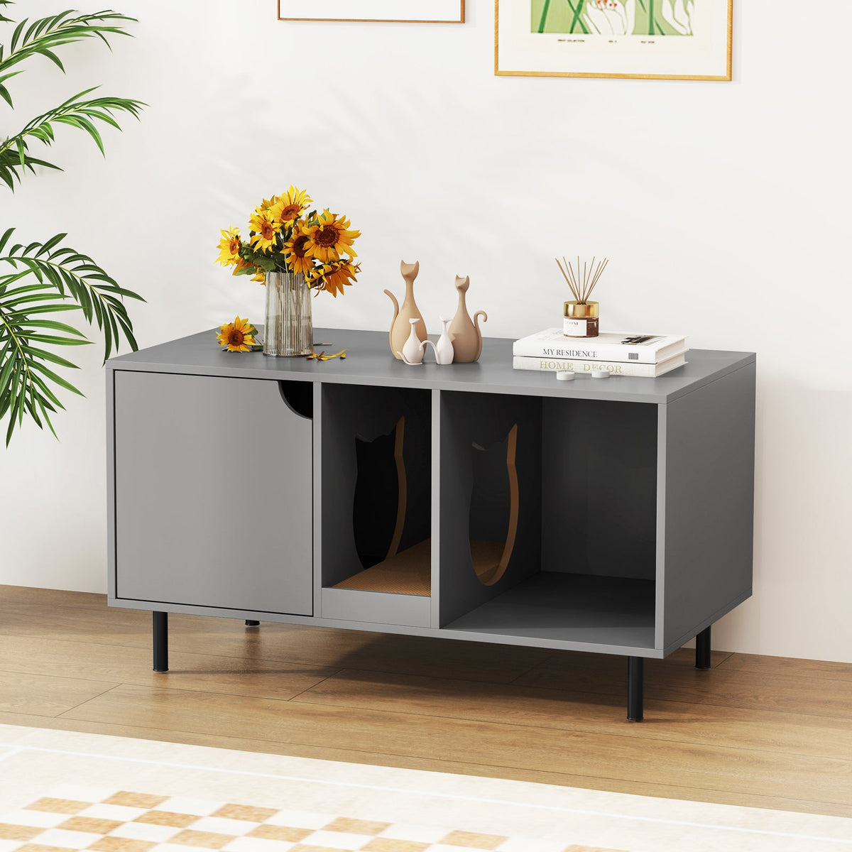 Cat Litter Box Enclosure with Storage and Removable Scratching Board-Grey