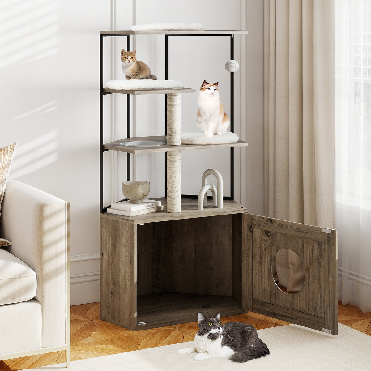 Cat Tree with Litter Box Enclosure with 2 Scratching Posts and 3 Mats-Brown